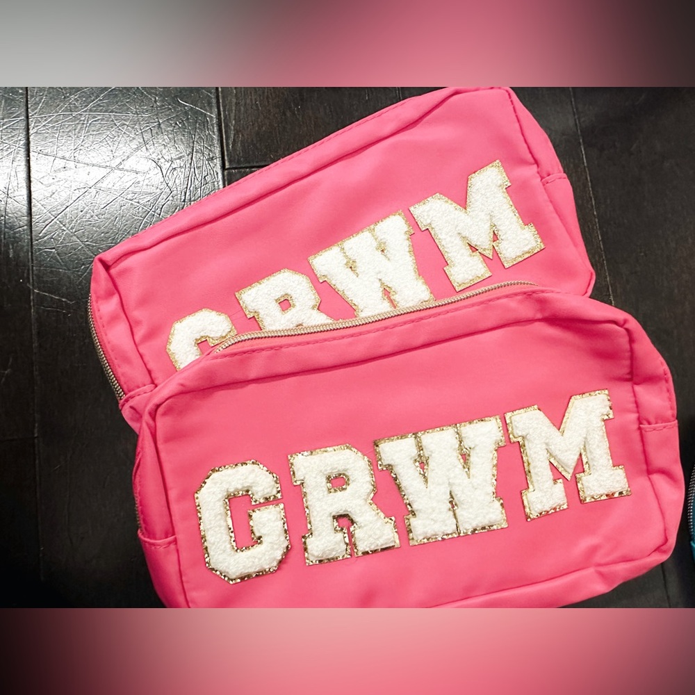 GRWM Chenille Letter Makeup Bag – Hot Pink Nylon – Gold Trim